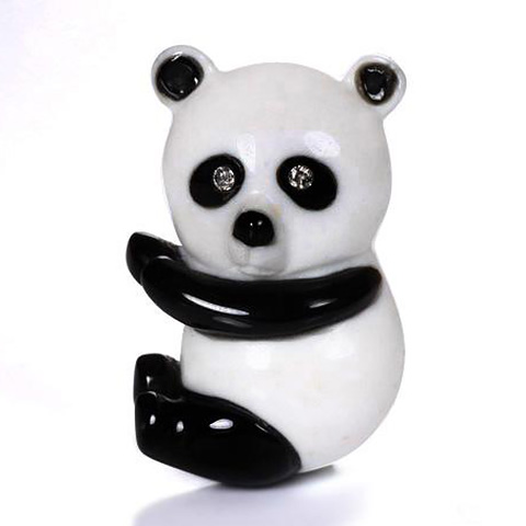 White Chalcedony & Black Onyx Carved Carved Panda Brooch, Solid Gold, Diamond Eyes