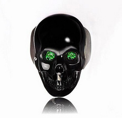 All Size, Black Onyx Carved Crystal Skull Ring with Green Garnet Eyes