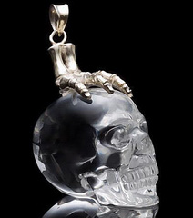 Clear Quartz Rock Crystal Carved Skull with 925 sterling silver Bones Pendant
