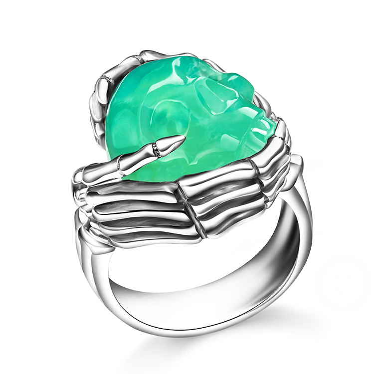 Top Quality Chrysoprase & 925 Sterling Silver Carved Skull with 925 Sterling Silver Bones Ring