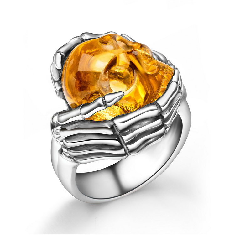Remember Forever - Ring of Citrine & 925 Sterling Silver Carved Gemstone Crystal Skull in Sterling Silver Skeletal Hands