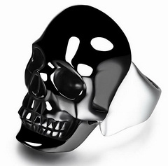 Black Obsidian & 925 Sterling Silver Carved Gemstone Crystal Skull with 925 Sterling Silver Ring