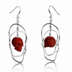 Red Coral Carved Crystal Skull Earrings, Gemstone
