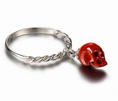 Dangling Drop - Red Jasper & 925 Sterling Silver Carved Gemstone Crystal Skull Drop with Spiraled 925 Sterling Silver Ring