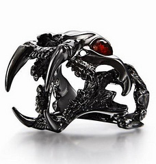 Fang Black Rutanium 925 Sterling Silver Plated Sabertooth Skull Ring with Garnet Eyes