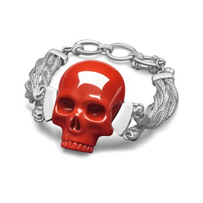 Red Jasper & 925 Sterling Silver Carved Crystal Skull Bracelet, Silver 925