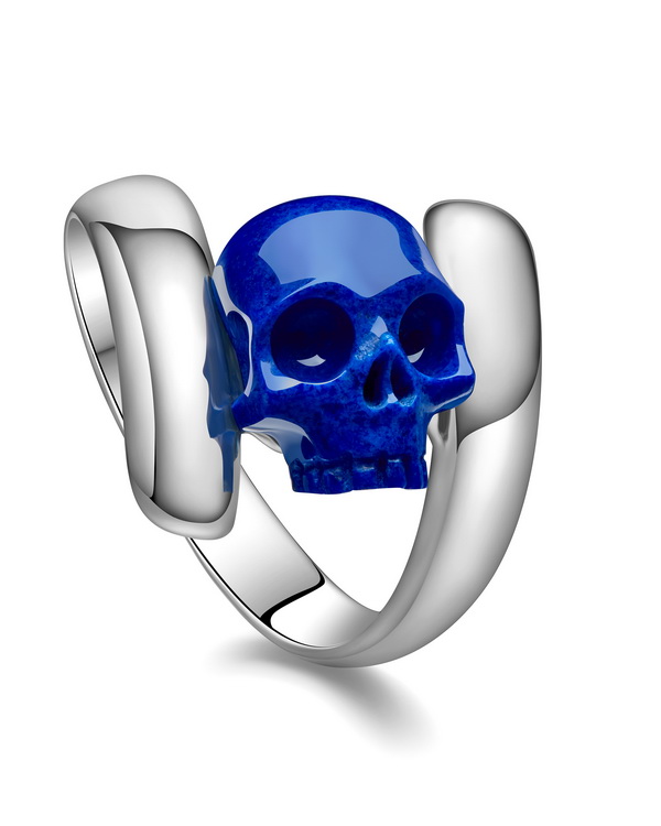 Lapis Lazuli & 925 Sterling Silver Carved Crystal Skull Ring with 925 Sterling Silver