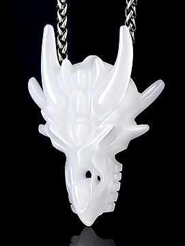 White Jade Carved Crystal Dragon Skull Pendant