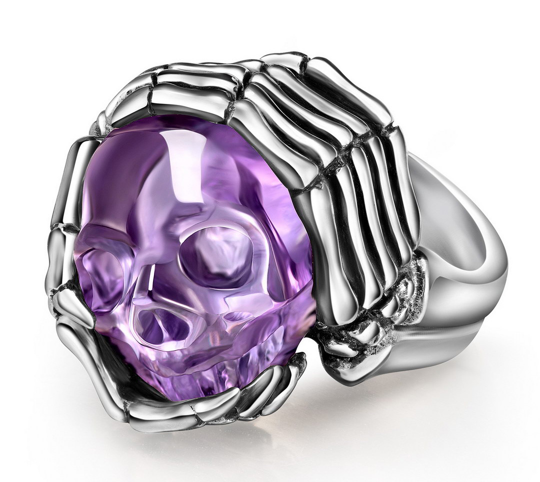 Remember Forever - Ring of Amethyst & 925 Sterling Silver Carved Gemstone Crystal Skull in Sterling Silver Skeletal Hands