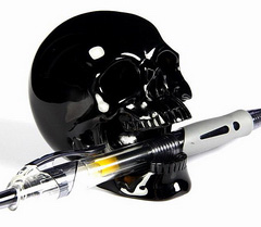 3.0" Black Obsidian Carved Crystal Penholder Skull Sculpture