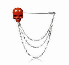 Red Jasper & 925 Sterling Silver Carved Crystal Skull Brooch and 925 Sterling Silver Chain