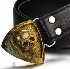 Tiger Iron Eye & 925 Sterling Silver Carved Crystal Skull Buckle Belt 925 Sterling Silver rhodium plated