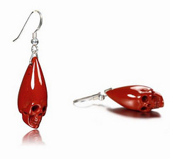 Red Jasper & 925 Sterling Silver Carved Elongated Skull Earrings with 925 Sterling Silver Hooks
