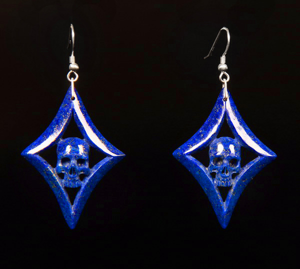 Gemstone, Lapis Lazuli Carved Crystal Skull Earrings