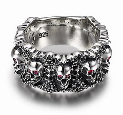 Eyes of Five Elements - 925 Sterling Silver Carved Skulls Ring with Ruby Eyes