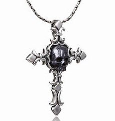 Sapphire & 925 Sterling Silver Carved Crystal Skull on 925 Sterling Silver Cross Pendant