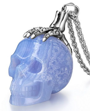Necklace of Blue Lace Agate & 925 Sterling Silver Bone Carved Crystal Skull Pendant with 925 Sterling Silver Chain