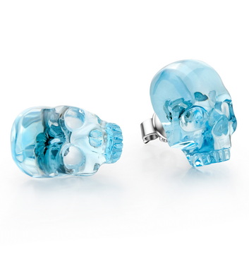  Sky Blue Topaz Hand Carved Crystal Skull Earring, Skull Jewelry