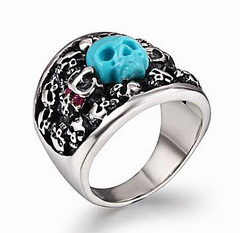 Turquoise & 925 Sterling Silver Carved Skull with Ruby in 925 Sterling Silver Skulls Ring - Skullis Exclusive
