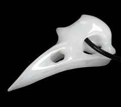White Jade Carved Crystal Raven Skull Pendant