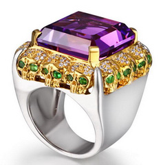 Amethyst with Diamond and Tsavorite Gold Plated Sterling Silver Skulls Ring - Skullis Exclusive Amethyst & 925 Sterling Silver Carved Crystal Skull
