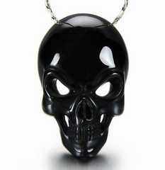 Black Obsidian & 925 Sterling Silver Carved Crystal Skull Pendant with925 Sterling Silver