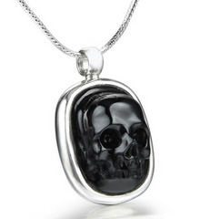 Black Obsidian & 925 Sterling Silver Carved Crystal Skull with 925 Sterling Silver
