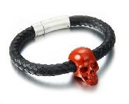 Bracelet of Red Jasper Carved Gemstone Crystal Skull on Genuine Leather