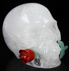 Huge 5.0" Angolan Quartz Rock Crystal Carved Crystal Skull with Red Jasper and Green Aventurine Rose Sculpture