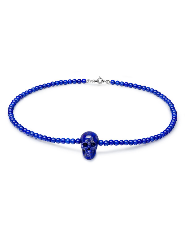 All Gemstone Lapis Lazuli Necklace- Lapis Lazuli Carved Crystal Skull with Lapis Lazuli Beads Chain
