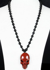 2.0" Red Jasper Carved Crystal Skull Pendant with 29.9 Black Obsidian Necklace