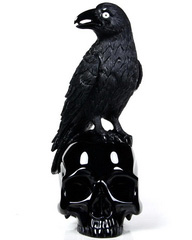 Huge 7.8" Black Obsidian Carved Crystal Skull & Raven Sculpture