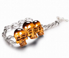 Amazing Flash Gemstone Gold Tiger Eye & 925 Sterling Silver Carved Crystal Skulls Bracelet with 925 Sterling Silver, Adjustable Size