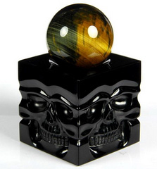 New Design Black Obsidian Carved Crystal Skulls Sphere Stand Sculpture