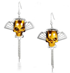 Gemstone Gold Tiger Eye & 925 Sterling Silver Carved Crystal Skull Earrings with 925 Sterling Silver
