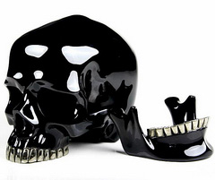 Lifesized 7.4" Black Obsidian Carved Crystal Skull with Pyrite Teeth, Detachable