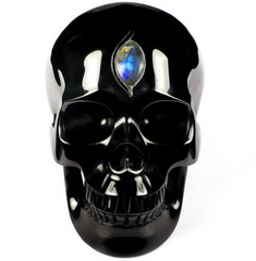 Nice Design 5.1" Black Obsidian Carved Crystal Skull With Labradorite Eye of Heaven, Realistic, Healing