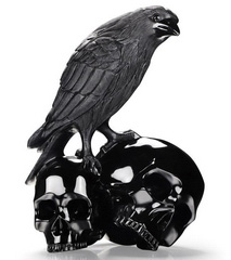 6.3" Black Obsidian Carved Crystal Double Skulls With Raven Standing Scupture, Crystal Healing