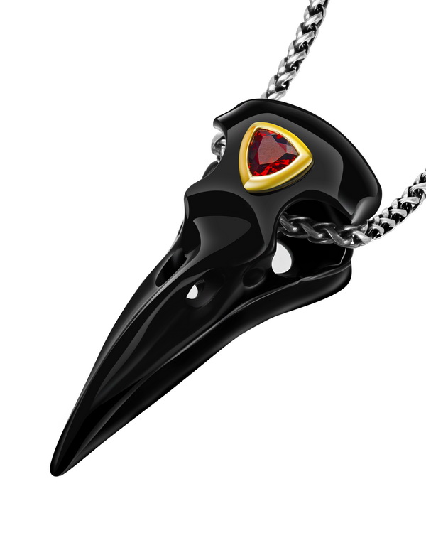 Gemstone 2.2" Black Obsidian Carved Crystal Raven Skull Pendant, Garnet, Gold over 925 Sterling Silver