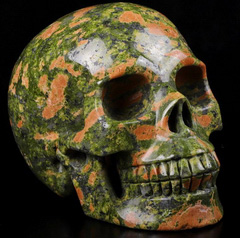 5.0" Pink & Green Unakite Carved Crystal Skull, Realistic, Crystal Healing