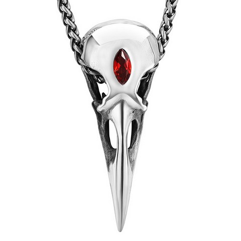 2.0" 925 Sterling Silver Raven Skull Pendant with Garnet Inlay, Necklace, Silver chain