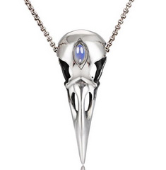 2.0" 925 Sterling Silver Raven Skull Pendant with Moonstone inlay, Necklace, Jewery.