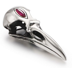 2.0" 925 Sterling Silver Carved Raven Skull Necklace with Ruby Inlay, Jewery.