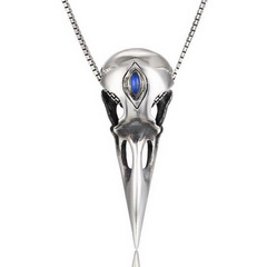 1.1" 925 Sterling Silver Crystal Raven Skull Necklace With Moonstone Inlay, Silver Chain