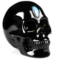 2.8" Black Obsidian Carved Crystal Skull With Labradorite Eye of Heaven, Realistic, Crystal Healing