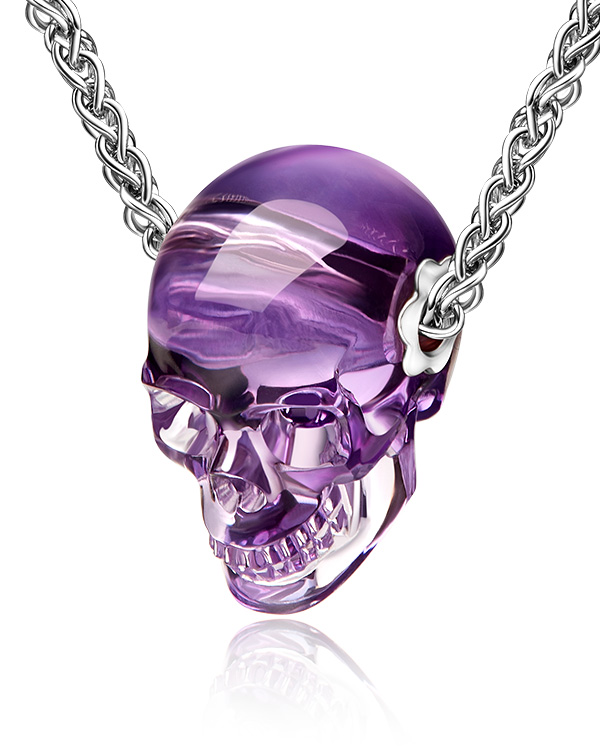 Gemstone Necklace of 1.0" Amethyst Hand Carved Crystal Skull Pendant, Skull Jewelry