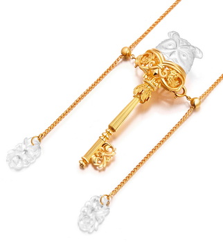 Necklace of 3.1" Frosted Quartz Hand Carved Crystal Owl Pendant, 18K Gold-Plated 925 Sterling Silver