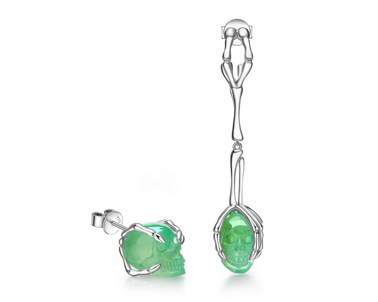  Chrysoprase Hand Carved Crystal Skull Earrings, Skull Jewelry