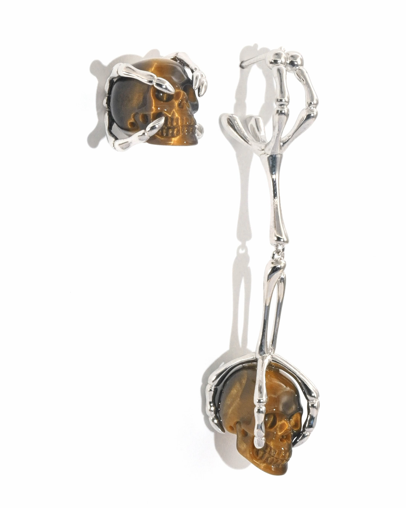  Gold Tiger's Eye Hand Carved Crystal Skull Earring, Skull Jewelry