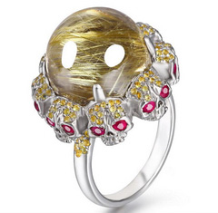 Fancy Gemstones with Skulls Ring Rutilated Quartz Rock Crystal Carved Crystal Skull, Crystal Skull Jewelry